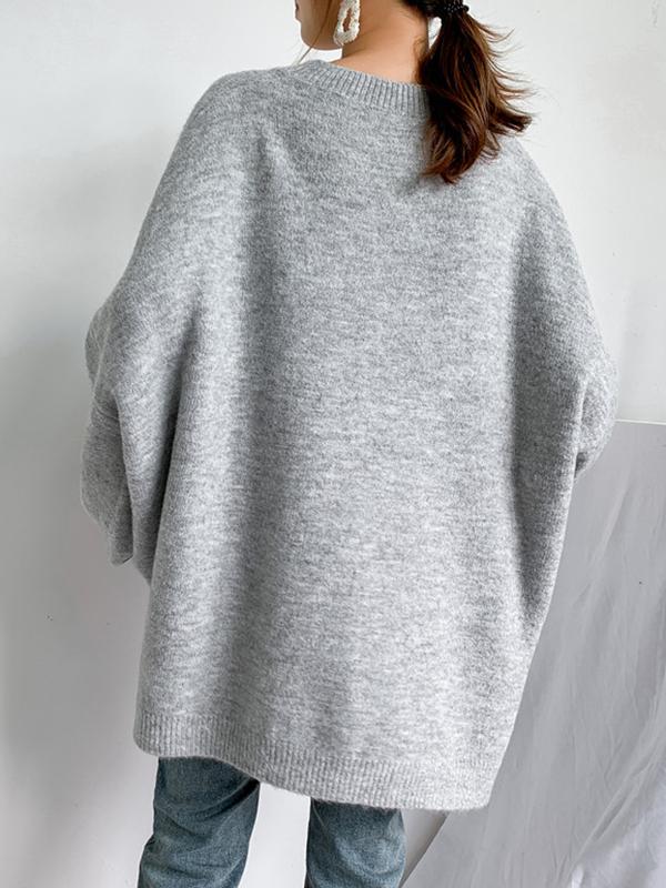 Stretch Mohair-Blend Balloon Sleeves Loose Solid Round-Neck Sweater Tops Product Image