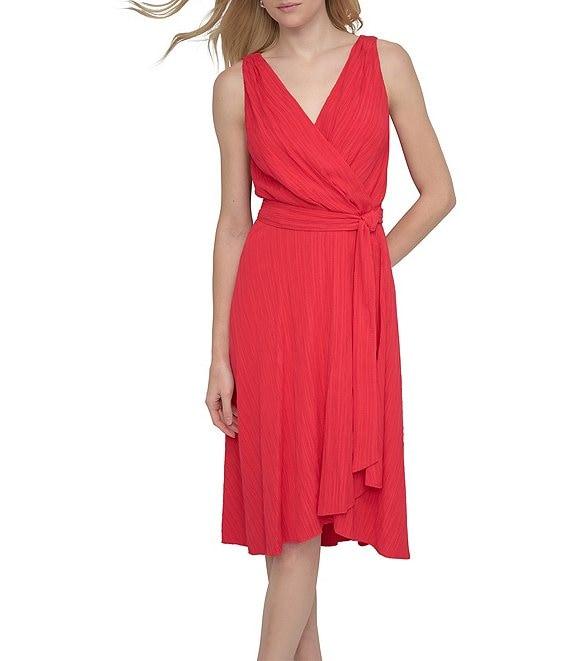 DKNY by Donna Karan Woven V Neck Sleeveless Wrap Dress Product Image