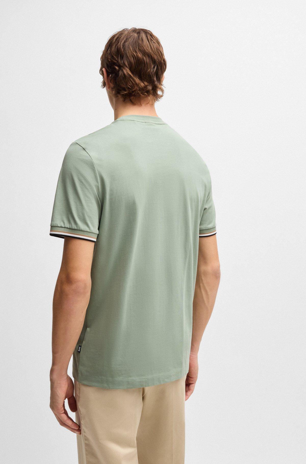 BOSS - Cotton-jersey T-shirt with signature-stripe cuffs - Light Green Product Image