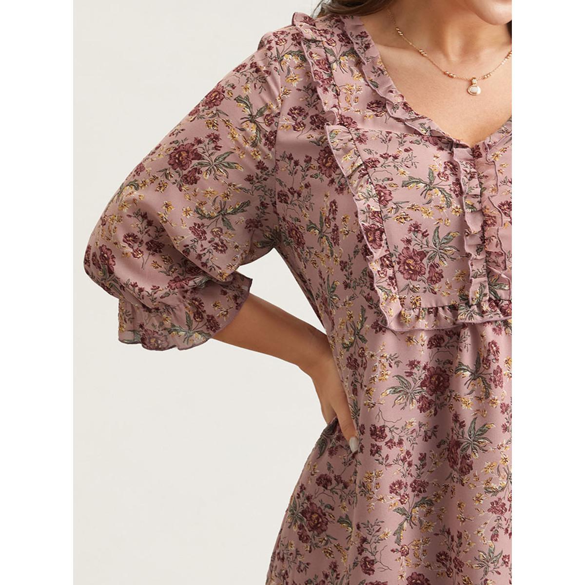 Plus Size Rouge Chiffon Floral Print Ruffled Neck Flowy Shirt Women Romantic Elbow-length sleeve V-neck Elegant Blouses BloomChic 18-20/2X Product Image