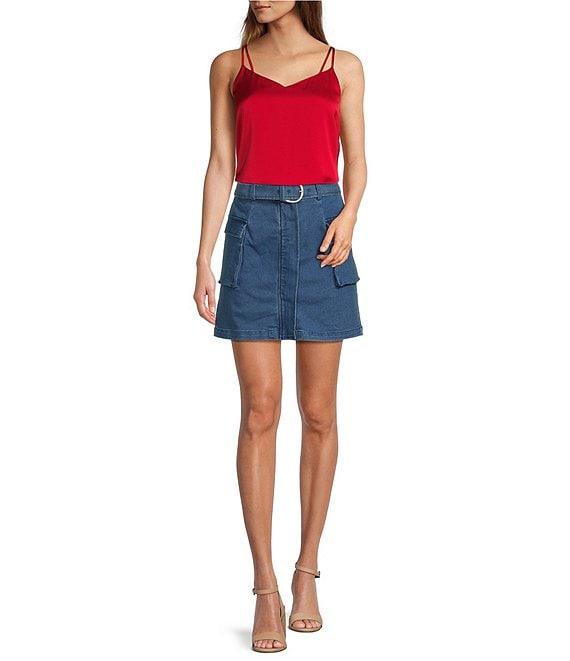 Skies Are Blue Stretch Denim Belted Cargo Mini Skirt Product Image