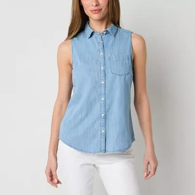 St. John's Bay Womens Sleeveless Regular Fit Easy-on + Easy-off Button-Down Shirt Product Image