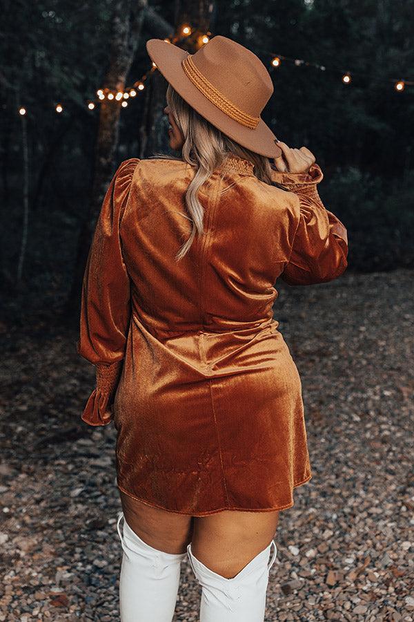 Fashionably Late Velvet Mini Dress In Camel Curves Product Image