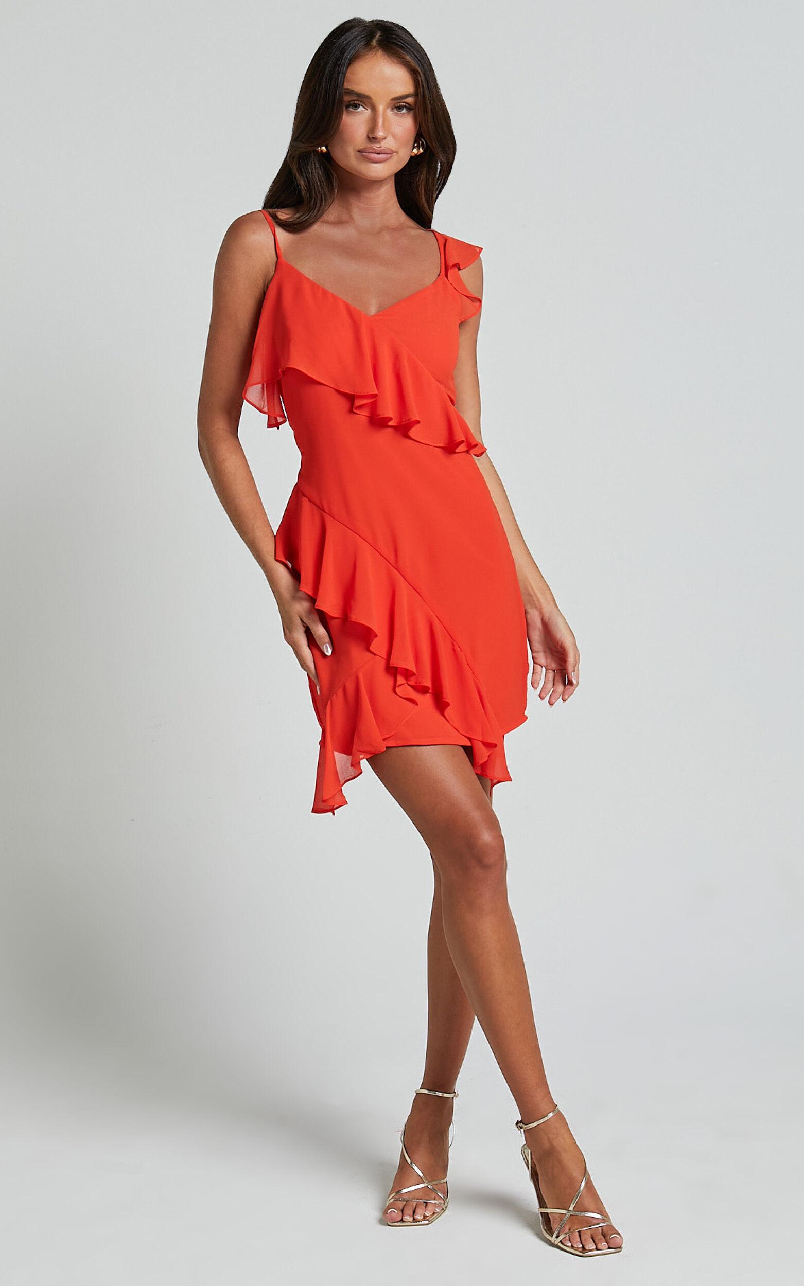 Zaria Mini Dress - Asymmetric Frill Detail Mini Dress in Chili Product Image