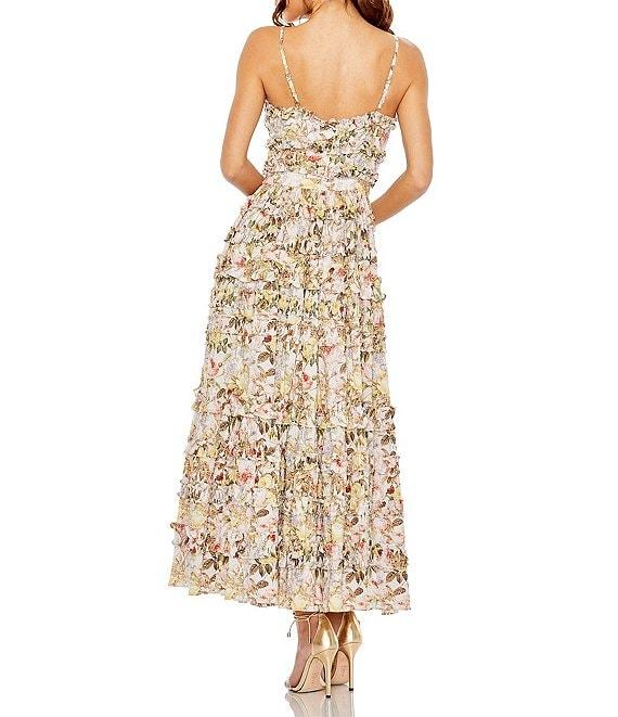 Mac Duggal Floral Print V-Neck Spaghetti Strap Ruffle Embellished A-Line Maxi Dress Product Image