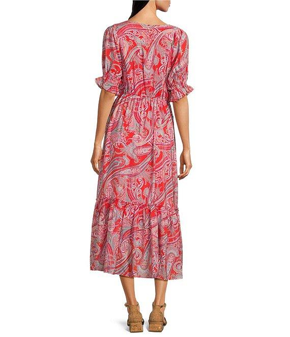 Calessa Modern Paisley V-Neck Elbow Sleeve A-Line Tiered Midi Dress Product Image