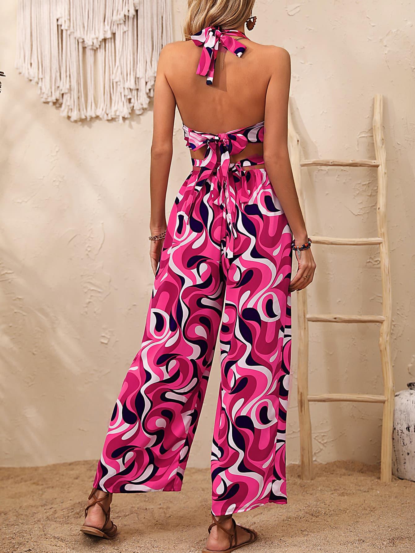 Abstract Print Halter Neck Cutout Wide Leg Jumpsuit Product Image
