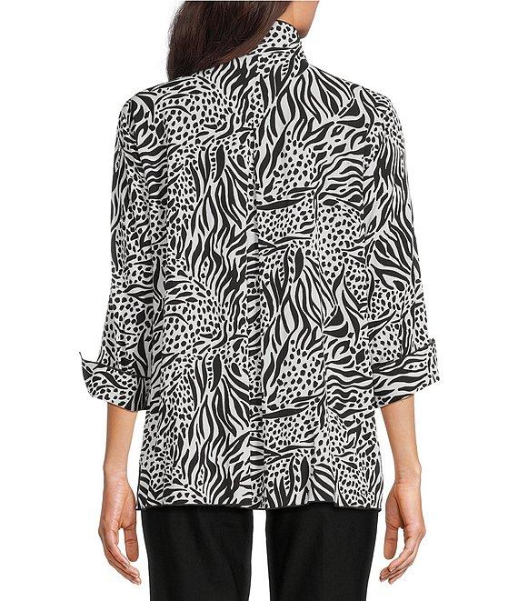 Ali Miles Woven Zebra Leopard Print Wire Collar 3/4 Sleeve Button Front Tunic Product Image