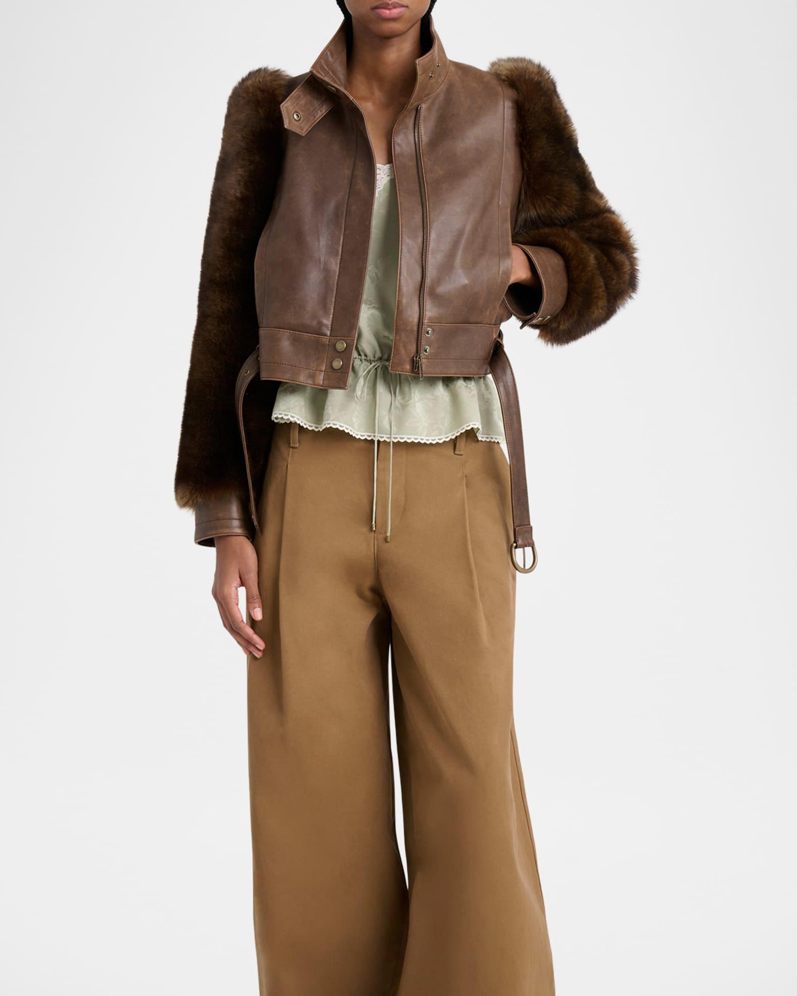 Faux Fur Sleeves Leather Bomber Jacket Product Image