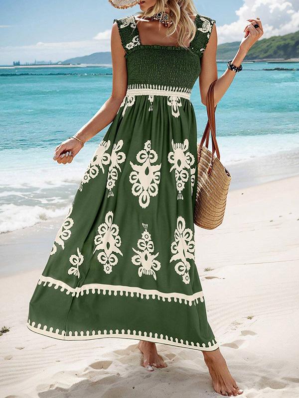 A-Line Loose Elasticity Pleated Printed Split-Joint Square-Neck Maxi Dresses Product Image