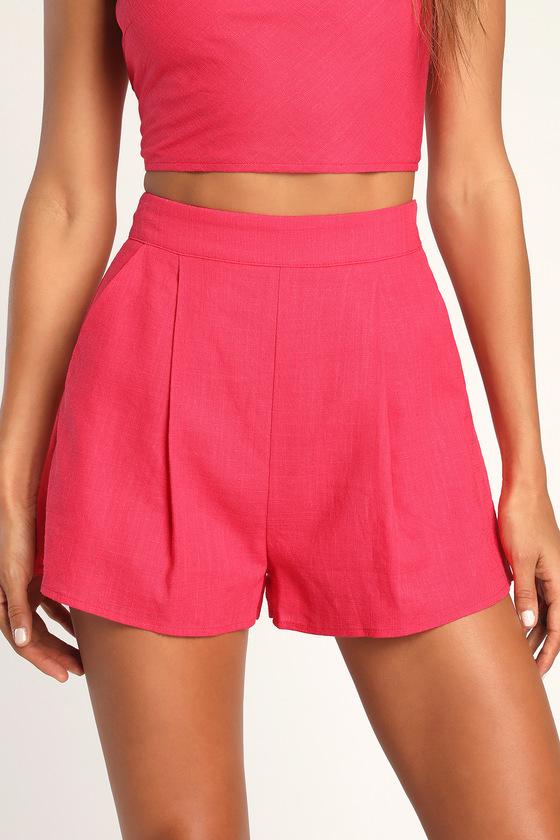 Perfectly Posted Bright Pink Linen High-Waisted Shorts Product Image