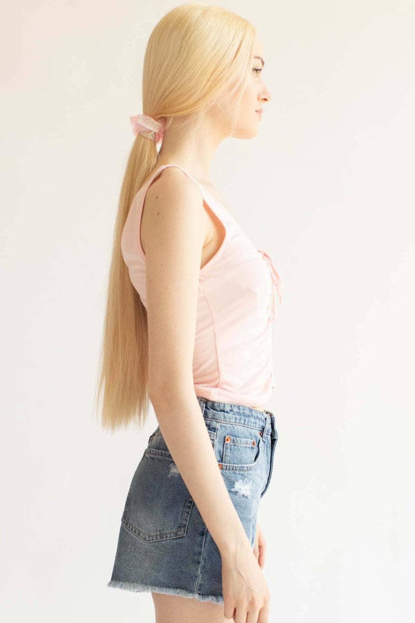 Pink Ruched Tie V Neck Tank Product Image
