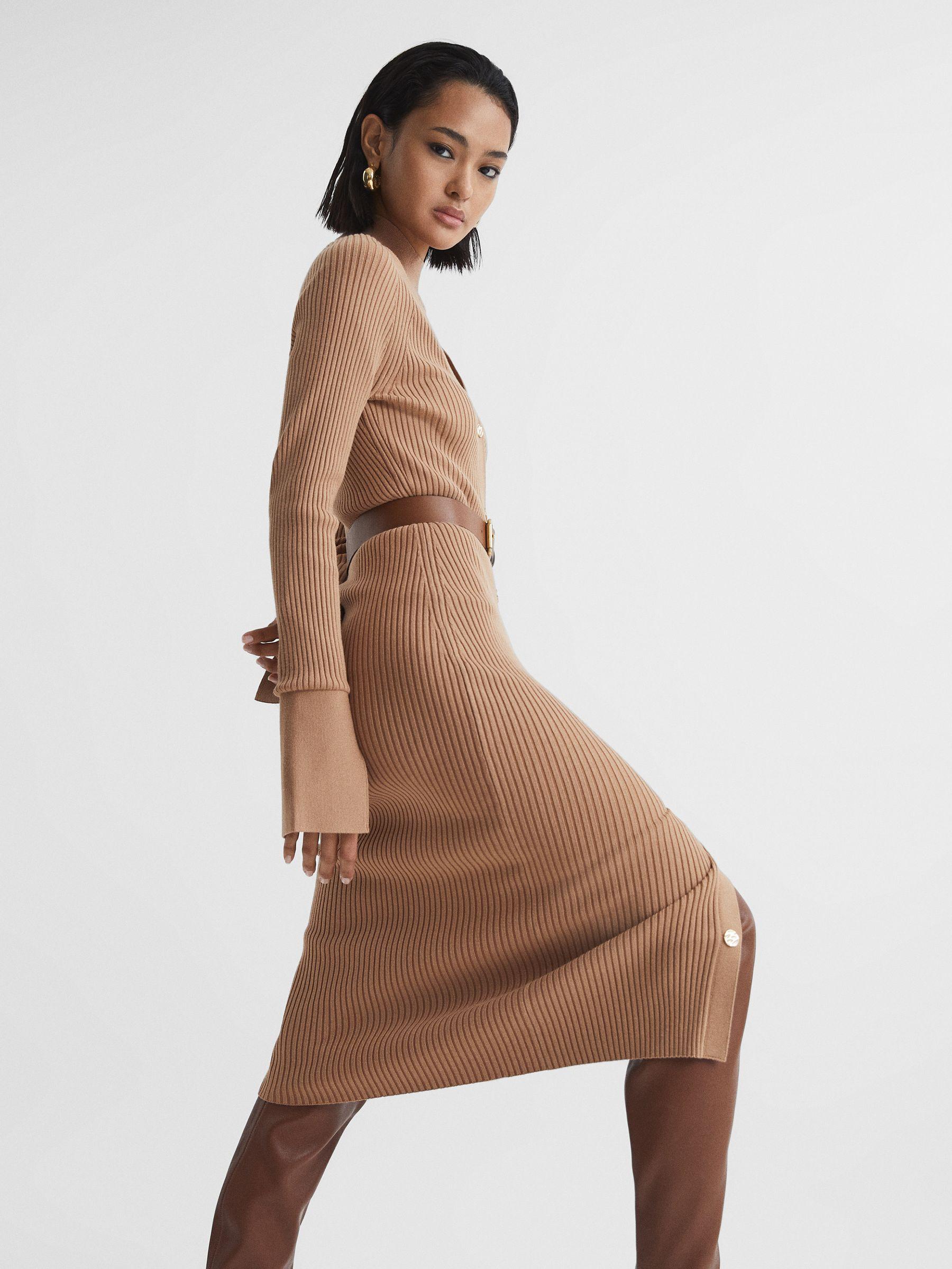 Rib-Knitted Midi Dress in Camel Product Image