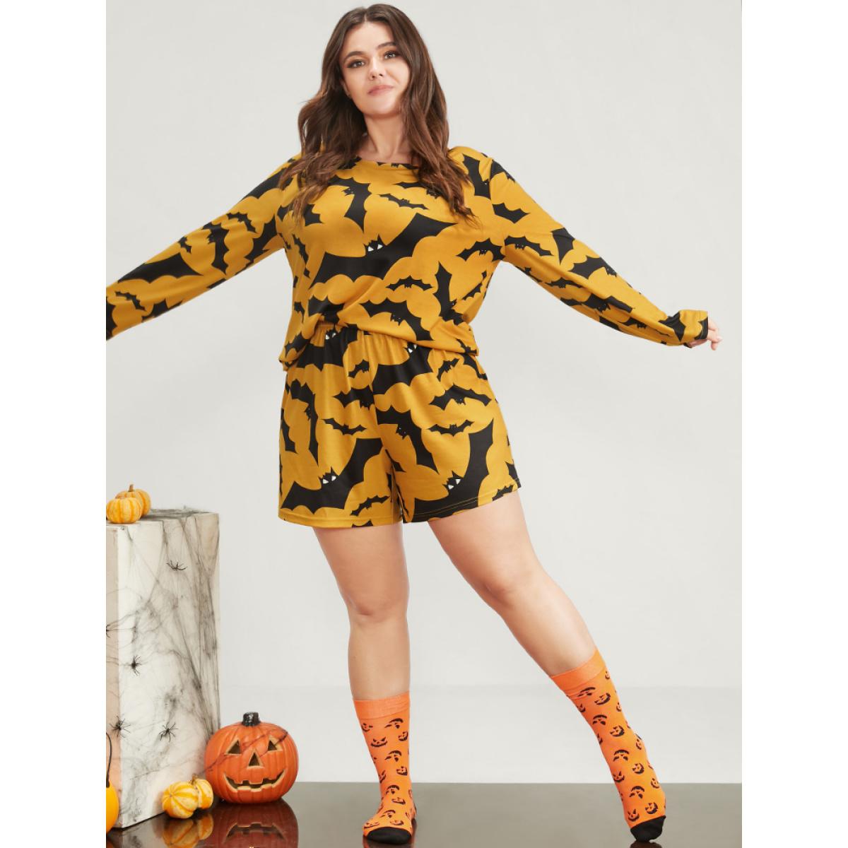 Plus Size Halloween Bat Print Pajama Set Women Orange Graphic-Halloween Printed Long Sleeve Round Neck Casual Loungewear Sets BloomChic 26/4X Product Image
