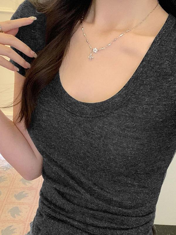 Solid Color Low Round Short Sleeve Tee Product Image