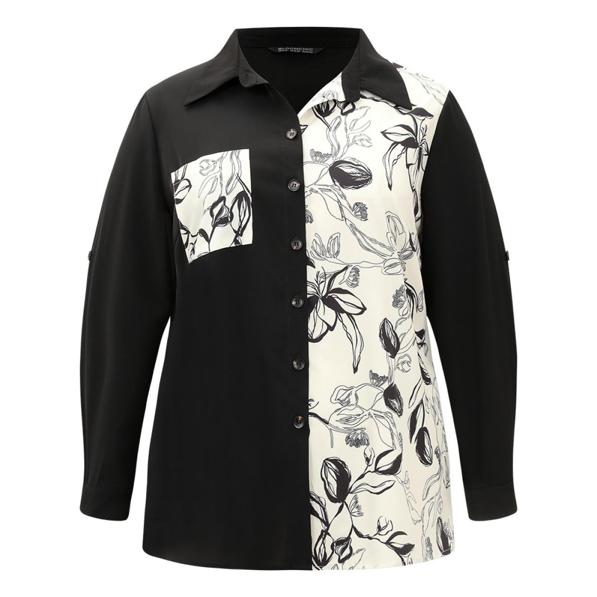 Plus Size Black Silhouette Floral Print Twill Shirt Collar Contrast Blouse Women Office Long Sleeve Shirt collar Work Blouses BloomChic 12/L Product Image