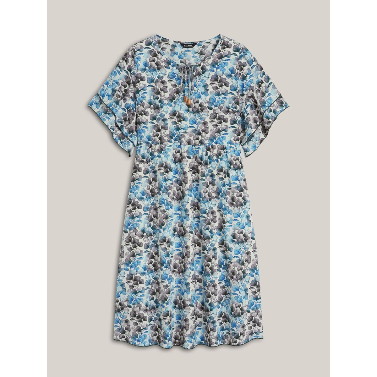 Plus Size Petal Print Layered Sleeve Pockets Midi Dress Mediumblue Women Notched collar Short sleeve Curvy BloomChic 12/L Product Image
