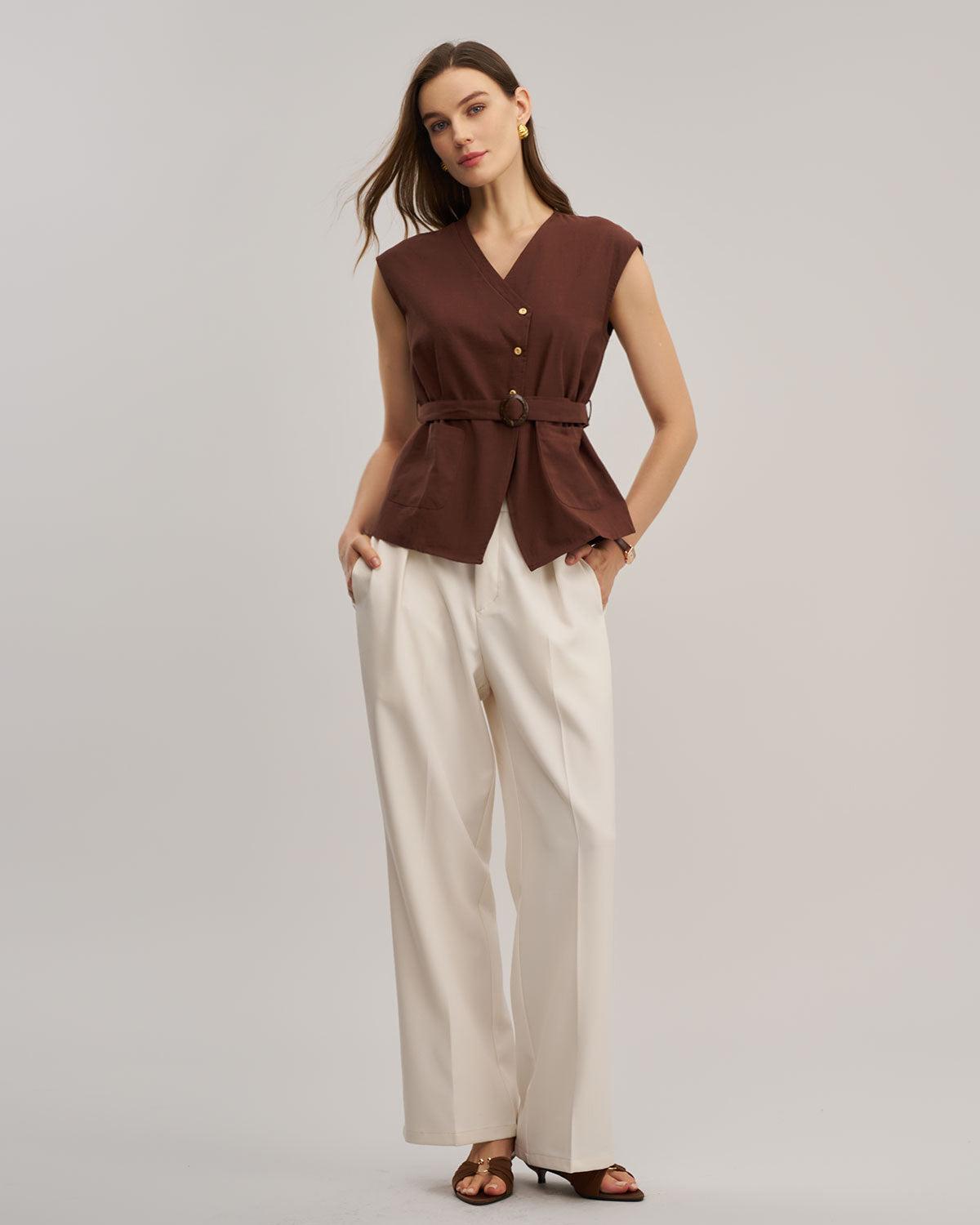 Coffee V Neck Belted Tank Top Product Image