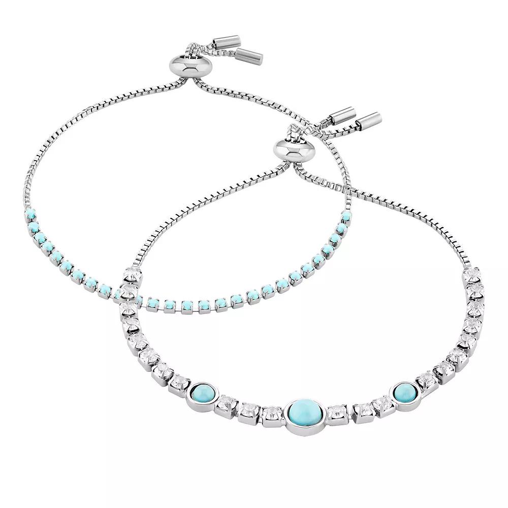 Emberly Silver Tone Clear Glass Stone & Simulated Turquoise Adjustable Bracelet Duo Set, Women's, Blue Product Image