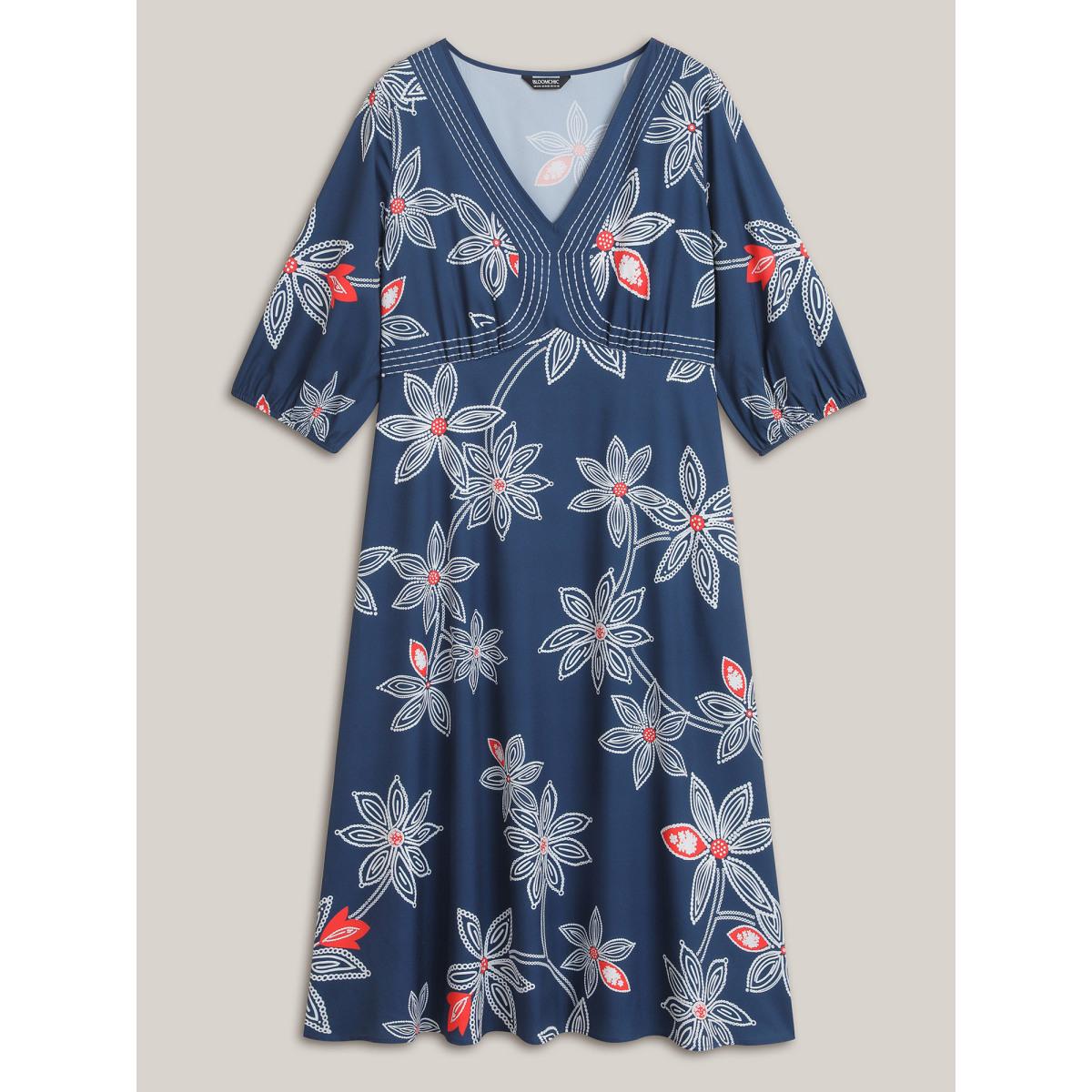 Plus Size Boho Floral Arc Neck Waist-Cinched Dress DarkBlue Women Resort Gathered V-neck Elbow-length sleeve Curvy BloomChic 30/6X Product Image