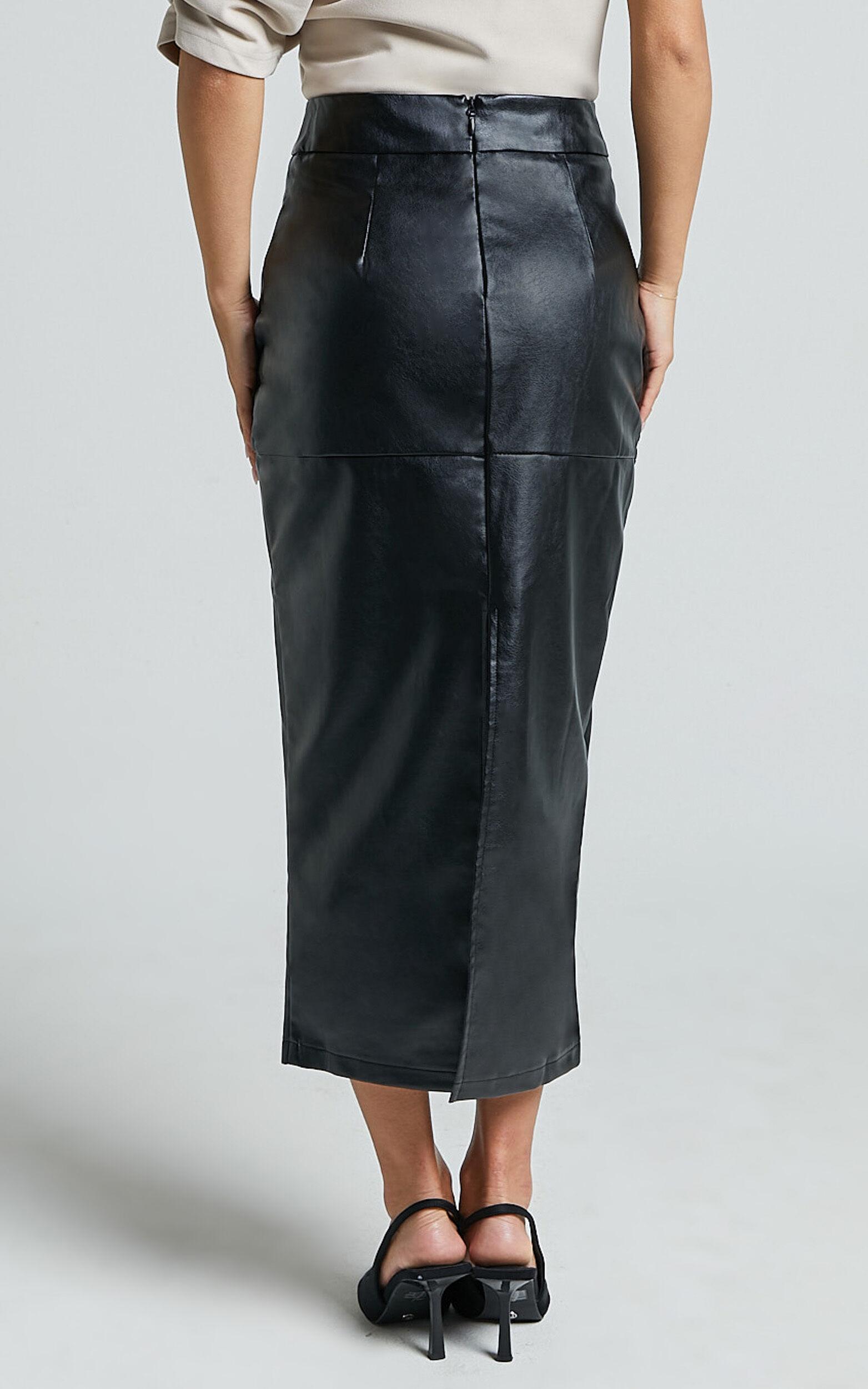 Emma Midi Skirt - High Waisted Faux Leather Skirt in Black Product Image