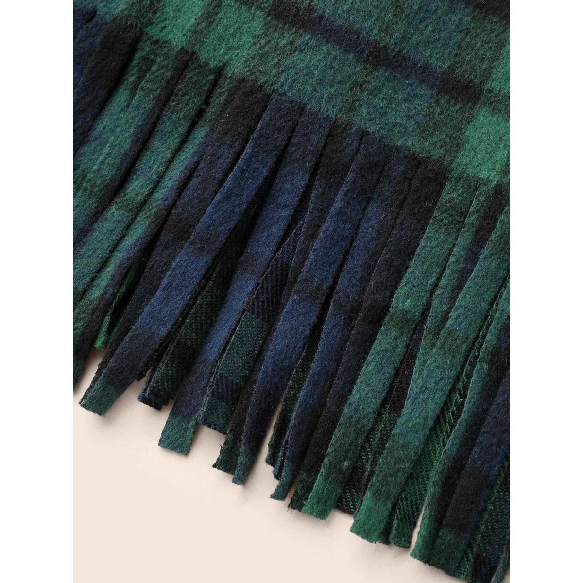 Plus Size Plaid Tassel Trim Pocket Belted Jacket Women Indigo Tassels Loose Open pocket with flap Belt Everyday Jackets BloomChic 14-16/1X Product Image