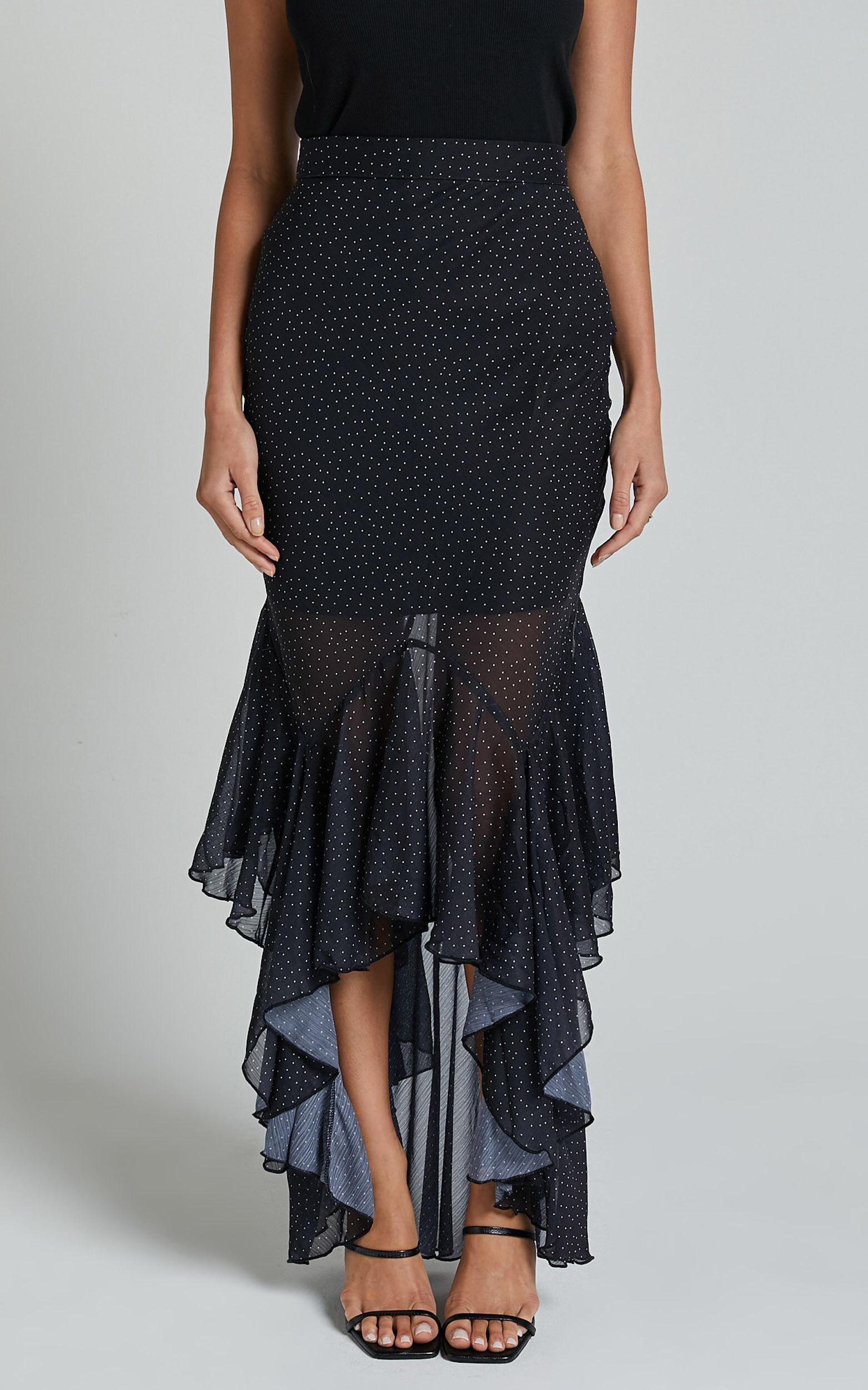 Artemisia Maxi Skirt - Frill Detail Sheer High Low Skirt in Black Polka Product Image