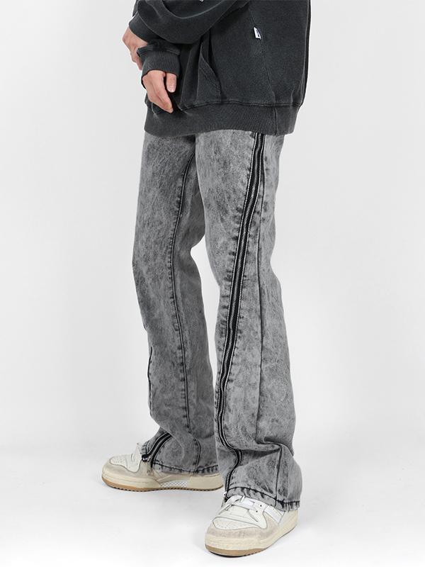 Men's Hip Pop Distressed Gray Wash Zip Up Loose Jeans Product Image