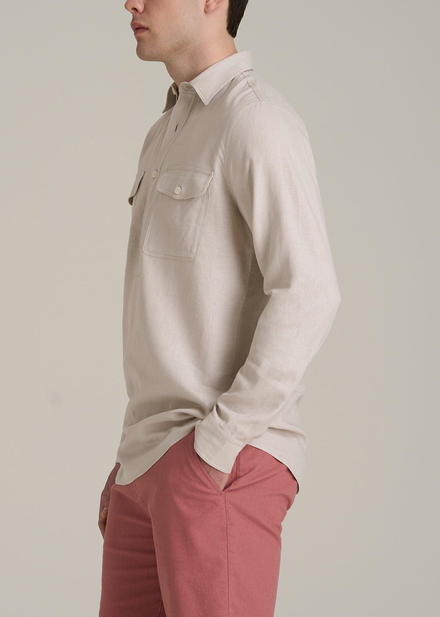 Linen Popover Shirt for Tall Men in Light Taupe Male Product Image