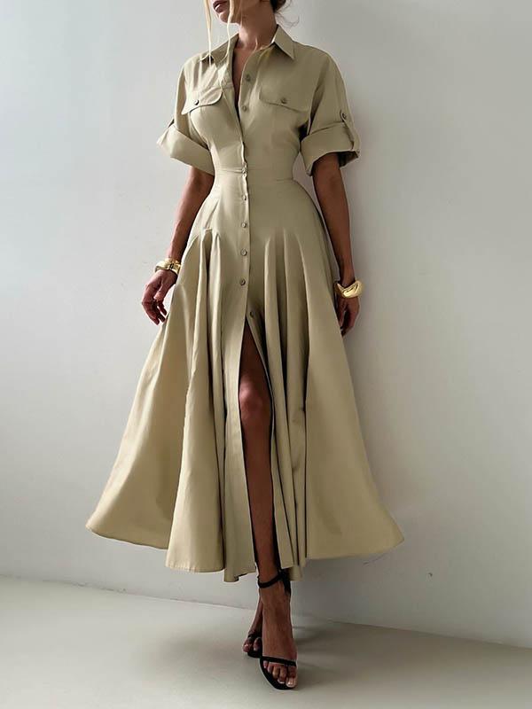 Short Sleeves Buttoned Solid Color Lapel Maxi Dresses Shirt Dress Product Image