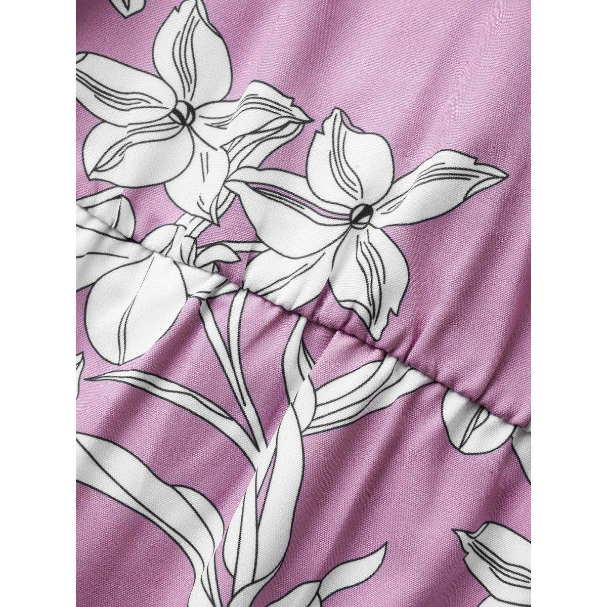 Plus Size Floral Ruffles Asymmetrical Hem Belted Gathered Dress Lilac Women Elegant Gathered Non Short sleeve Curvy Midi Dress BloomChic 30/6X Product Image