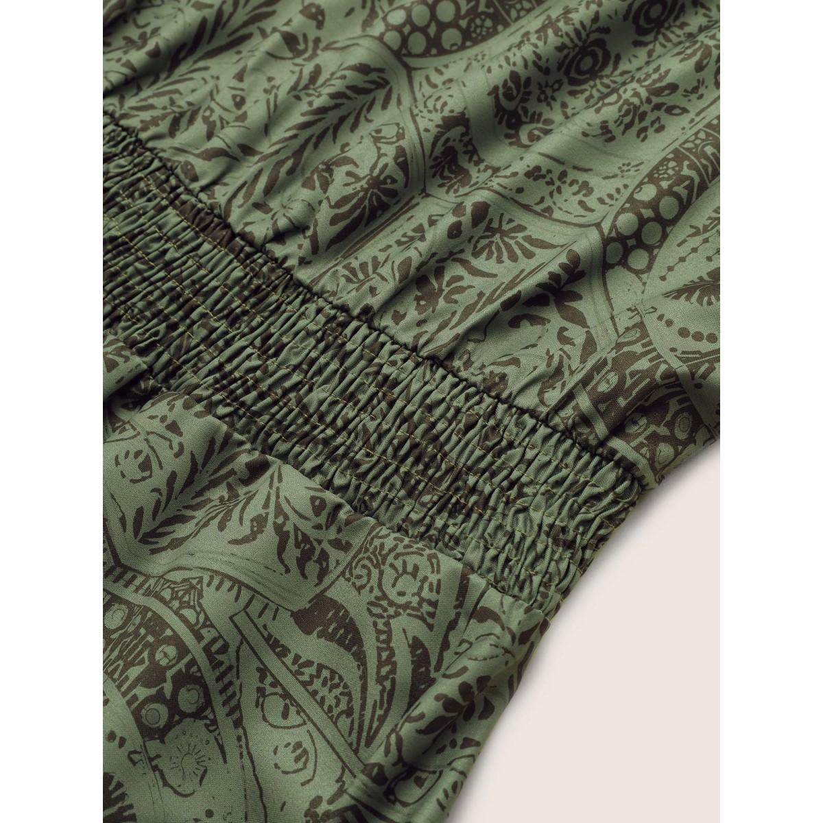 Plus Size Paisley Print Shirred Lantern Sleeve Dress ArmyGreen Women Vacation Elastic cuffs V-neck Elbow-length sleeve Curvy Midi Dress BloomChic 14-16/1X Product Image