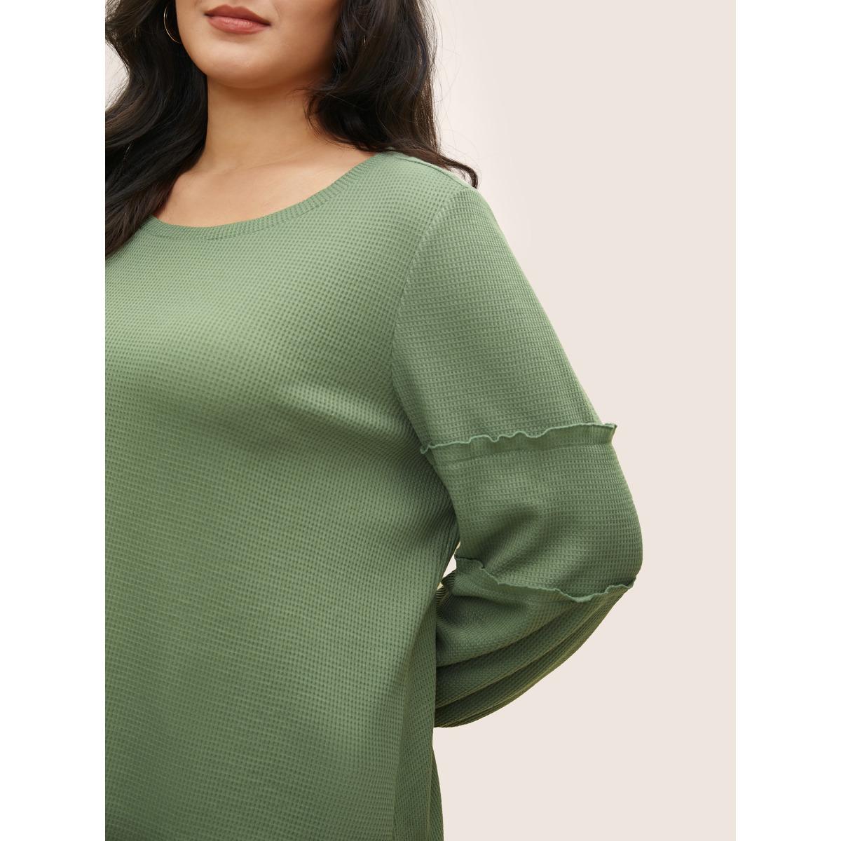 Plus Size Plain Texture Waffle Knit Arc Hem T-shirt Mint Women Casual Texture Plain Round Neck Everyday T-shirts BloomChic 12/L Product Image