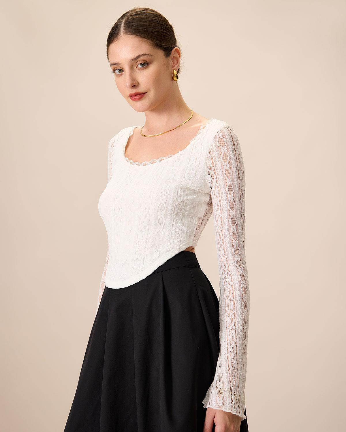 Women's White Lace See-Through Cropped Tee Female Product Image