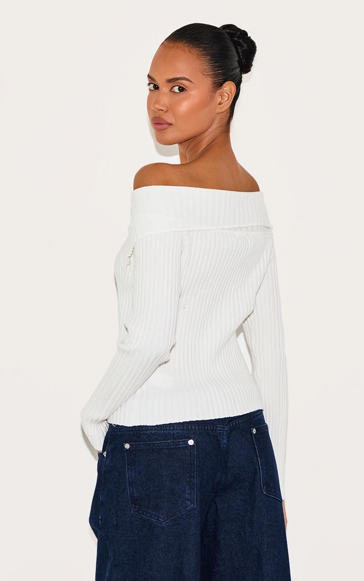 Cream Rib Knit Fold Over Button Up Top Product Image