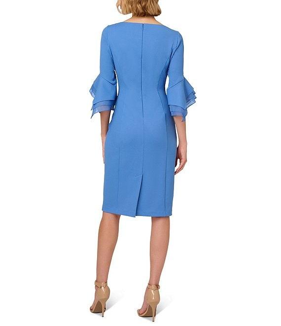 Adrianna Papell Petite Size 3/4 Bell Sleeve Boat Neck Stretch Crepe Knit Sheath Dress Product Image