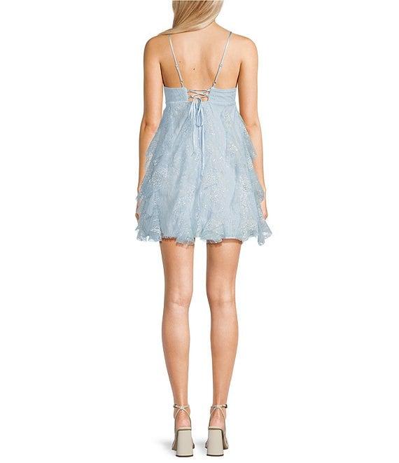 Pear Culture Sequined Lace V-Neck Spaghetti Strap Ruffled Dress Product Image