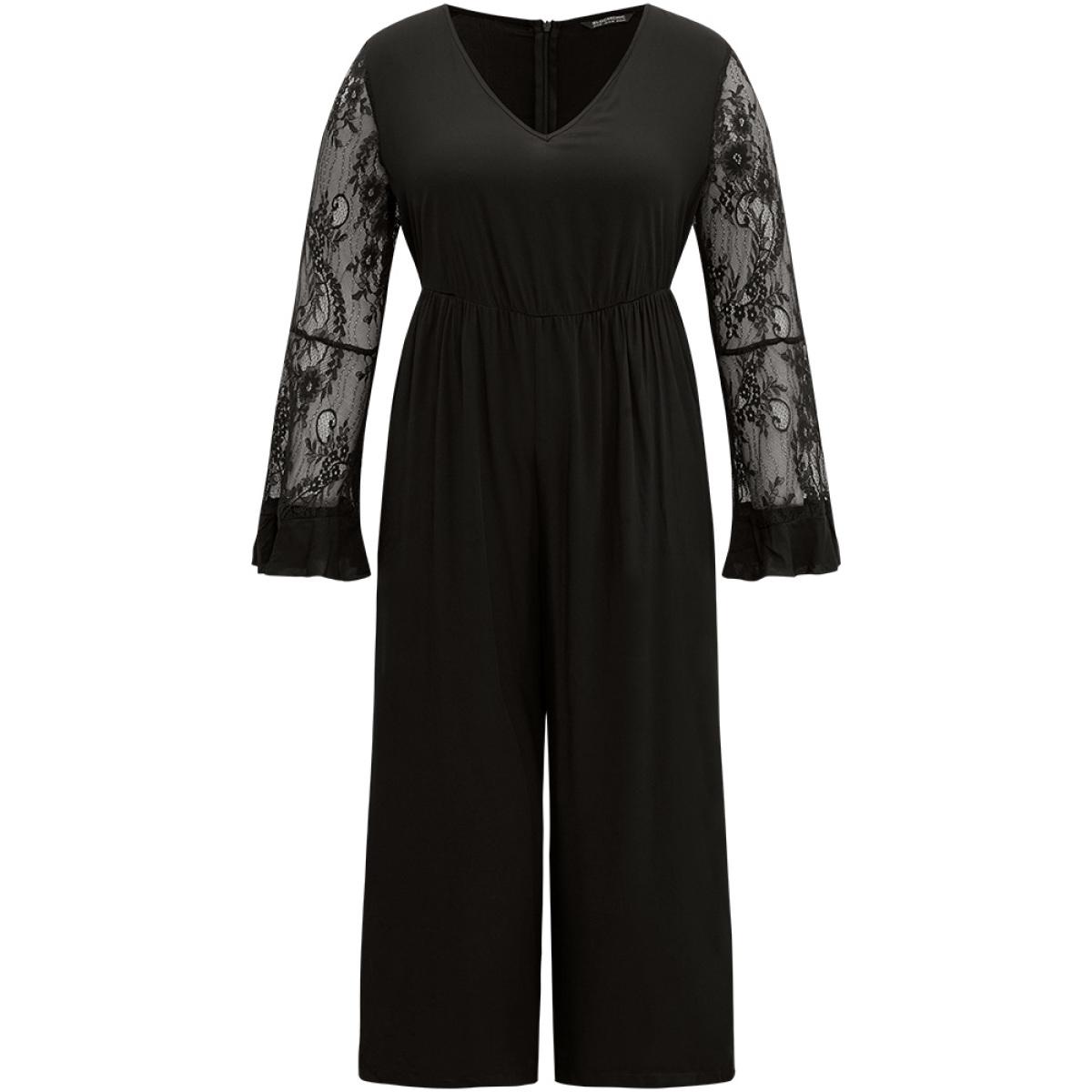 Plus Size Black Halloween Plain Mesh Eyelet Lace Pocket Jumpsuit Women Elegant Long Sleeve V-neck Festival-Halloween Loose Jumpsuits BloomChic 10/M Product Image