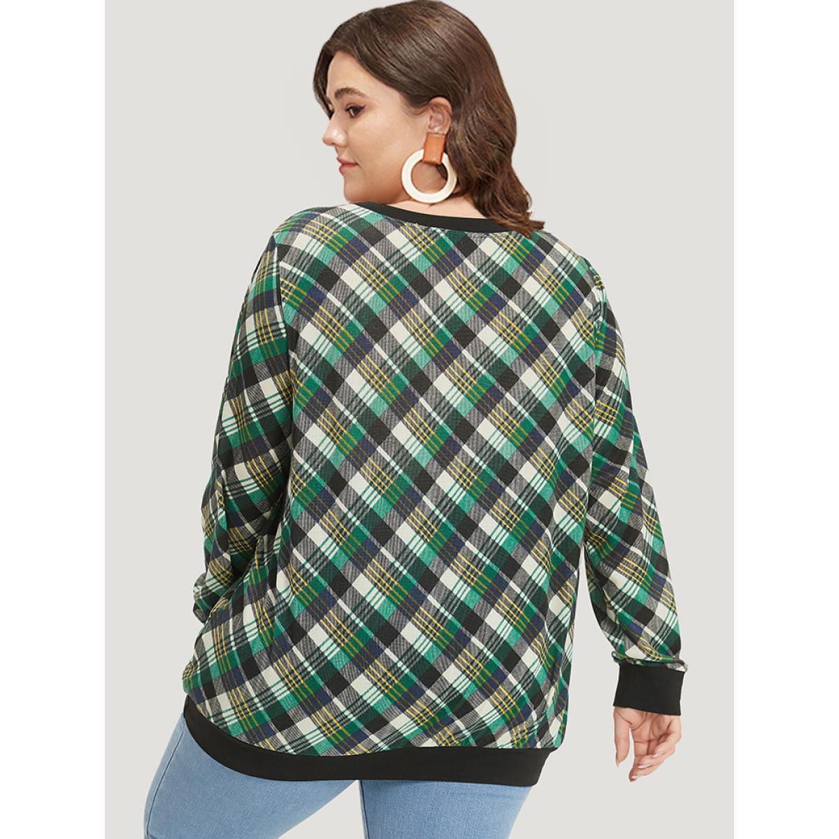 Plus Size Plaid Button Detail Elastic Cuffs Crew Neck Sweatshirt Women Green Casual Elastic cuffs Round Neck Dailywear Sweatshirts BloomChic 26/4X Product Image