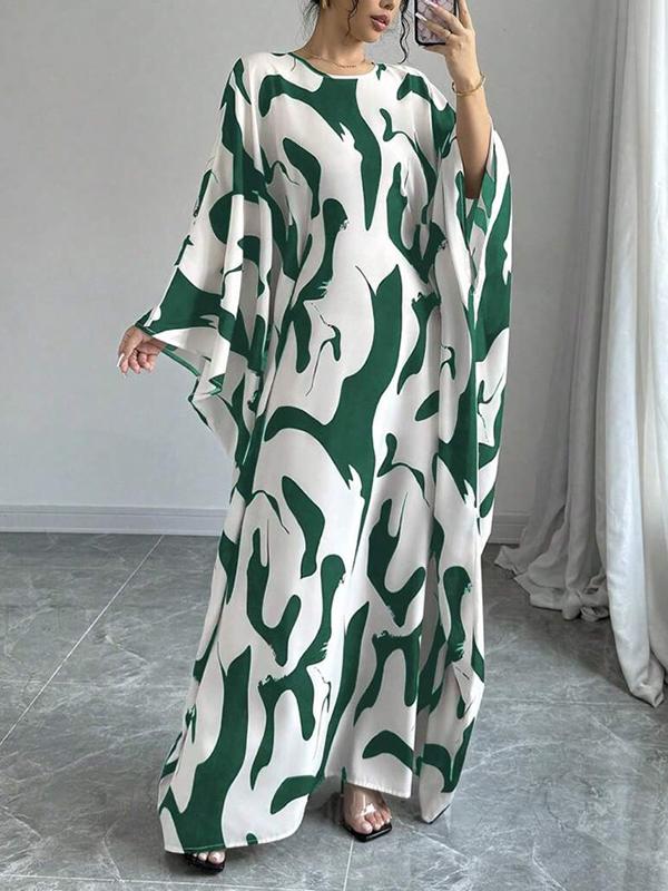 Batwing Sleeves Loose Contrast Color Printed Round-Neck Maxi Dresses Product Image