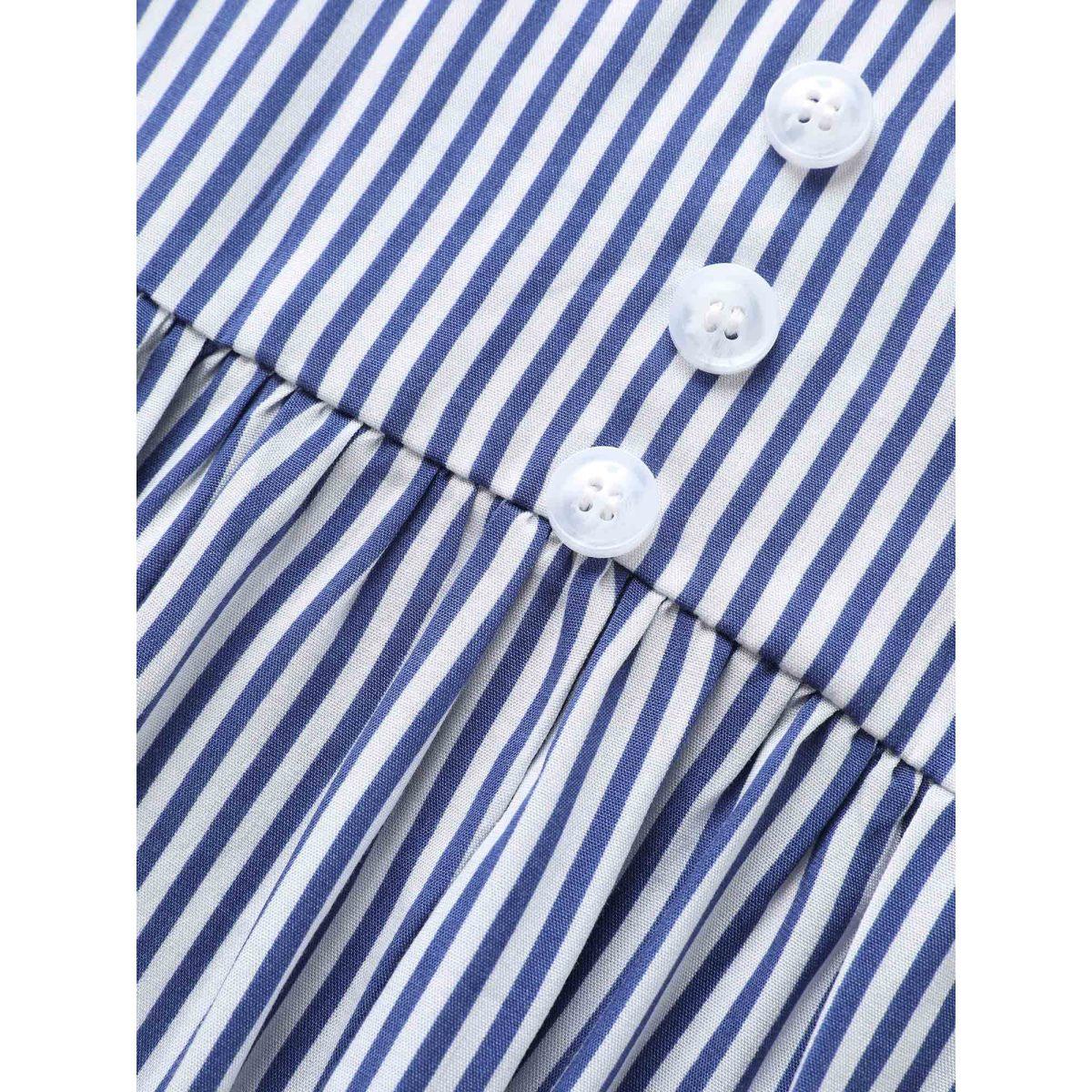 Plus Size Navy Striped Gathered Button Detail Lantern Sleeve Blouse Women Elegant Elbow-length sleeve V-neck Everyday Blouses BloomChic 12/L Product Image