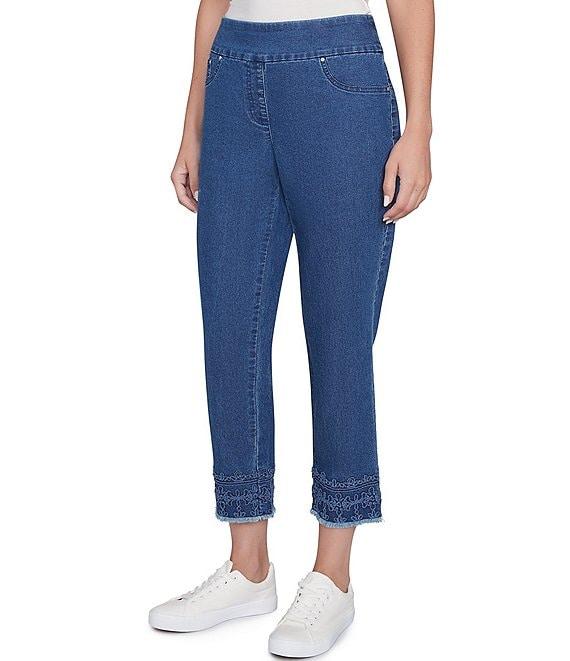 Ruby Rd. Straight Leg Embroidered Frayed Hem Pull-On Ankle Jeans Product Image