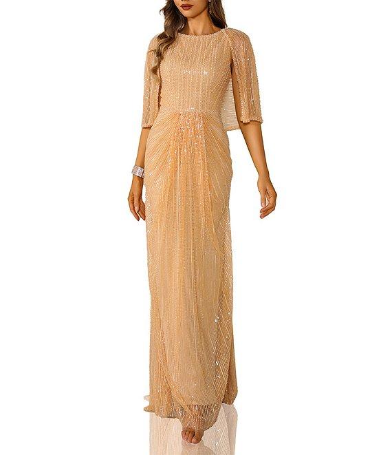 Terani Couture Round Neck Sequin Tulle Ruched Front Capelet Gown Product Image