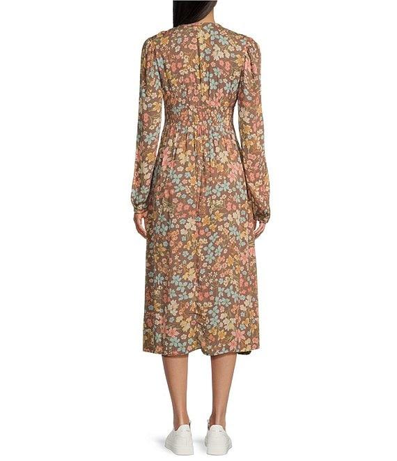 Billabong Cool Nights Floral Printed Long Sleeve Crinkle Midi Dress Product Image