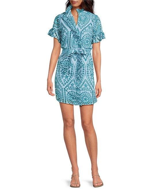 Abbey Glass Katie Button Down Collar Short Sleeve Eyelet Mini Shirt Dress Product Image