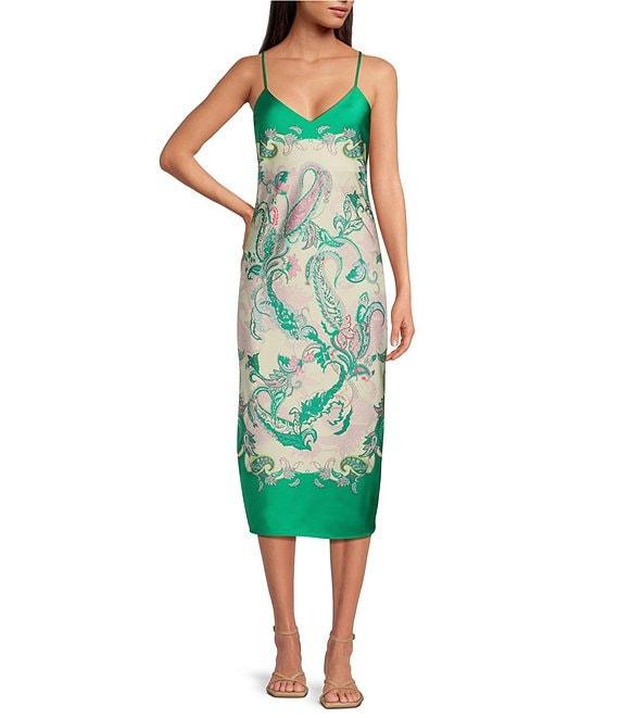 Gianni Bini Harper Satin Printed V-Neck Sleeveless Slip Midi Dress Product Image