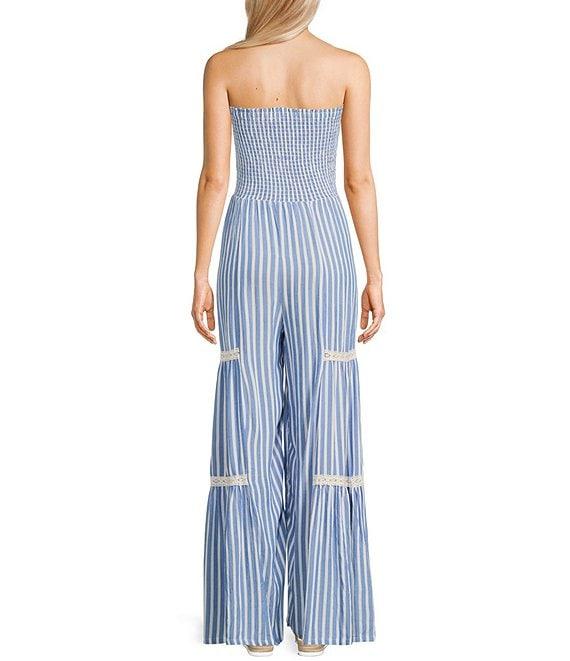 Angie Strapless Smocked Tube Stripe Crochet Trim Jumpsuit Product Image