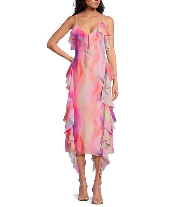 Gianni Bini Tammy Printed Chiffon Ruffle V-Neck Dress Product Image