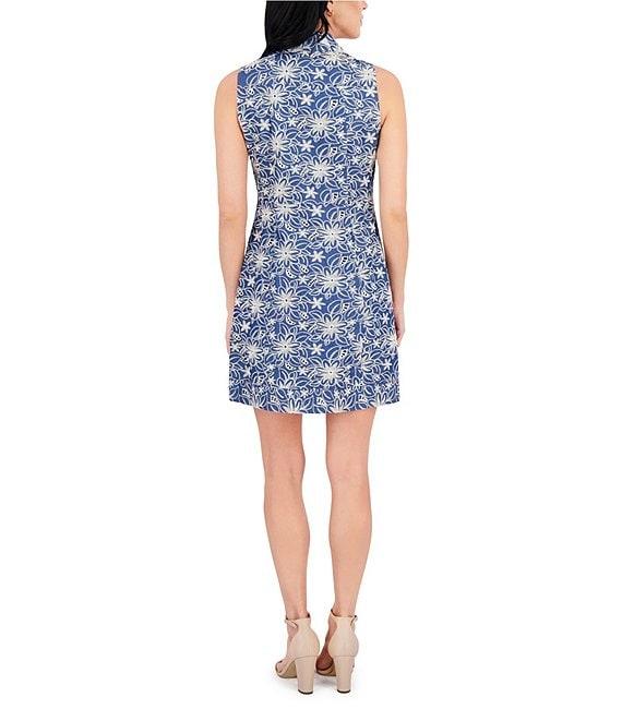 Kensie Embroidered Denim Point Collar Neck Sleeveless Front Zip Shift Mini Dress Product Image