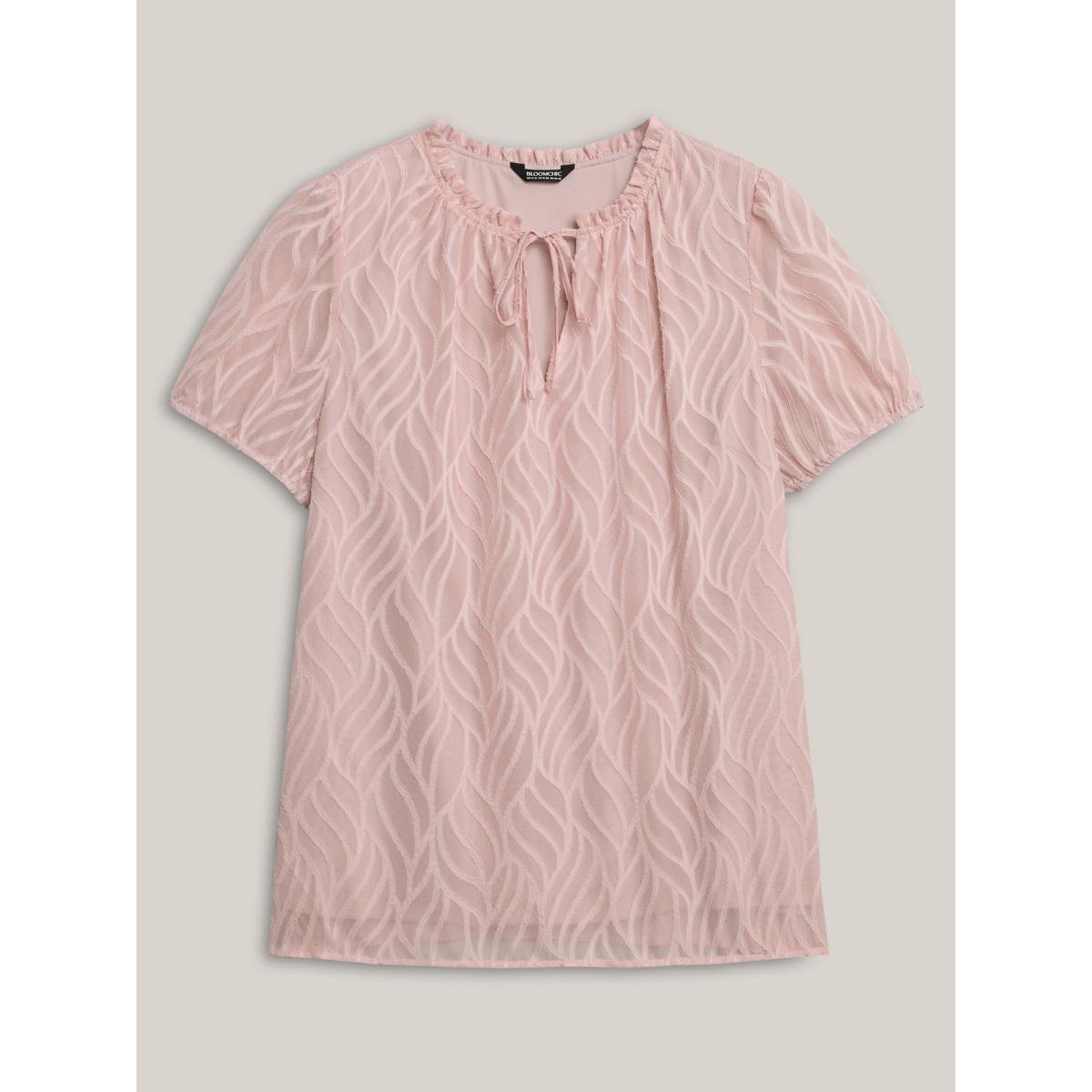 Plus Size Crepe Textured Ruffled Neck A-Line Blouse Women Office Short sleeve Round Neck Office Blouses BloomChic 14-16/1X Product Image